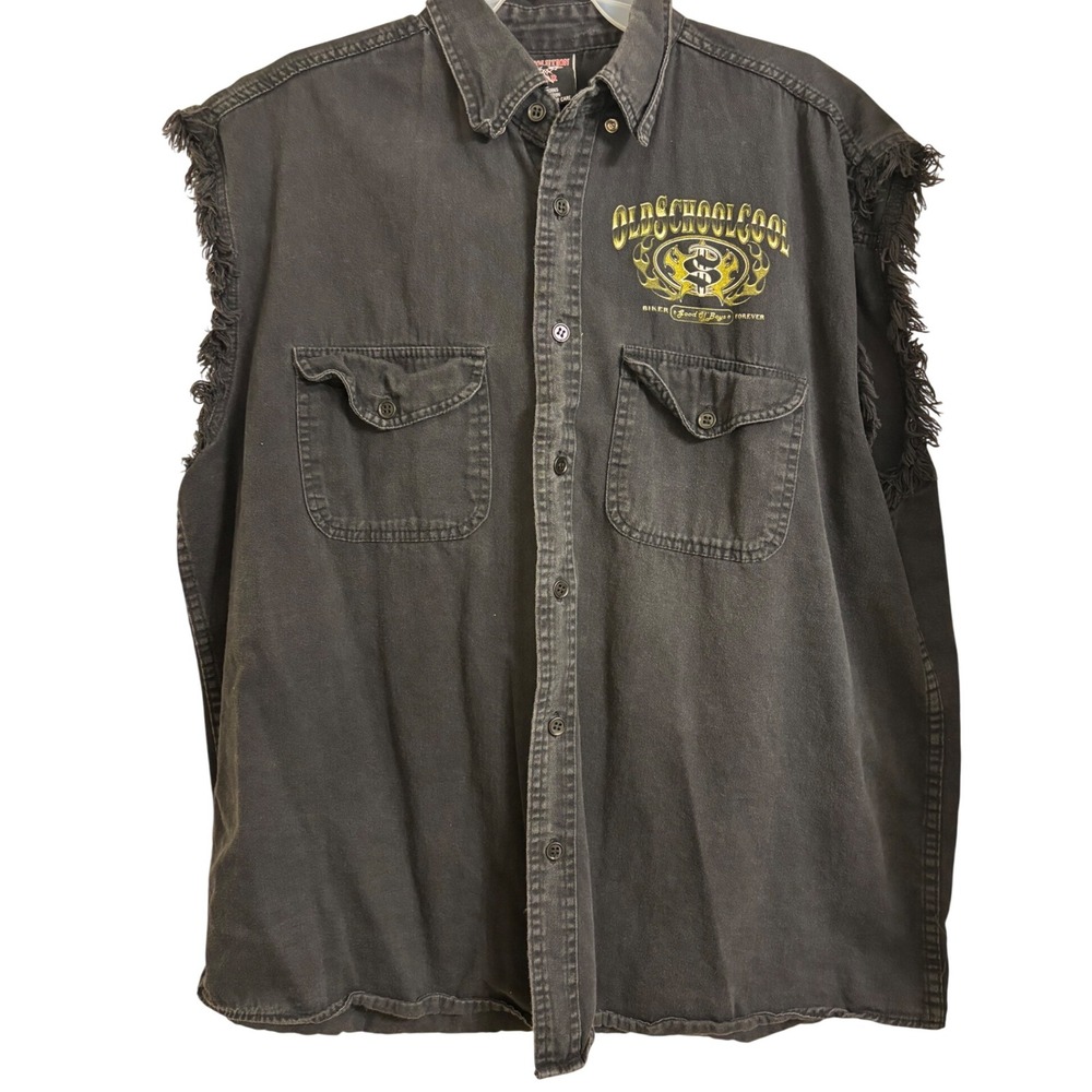 Revolution Gear Sleeveless Biker Vest Old School Cool Graphic Black L Fringe